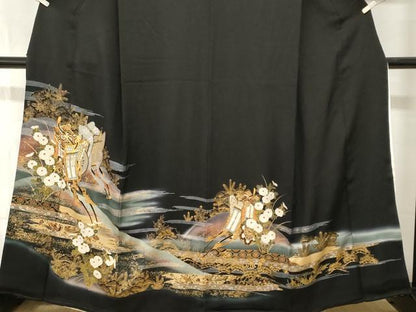 平和屋着物■豪華黒留袖　駒刺繍　遠山御所車花文　暈し染め　金彩　正絹　逸品　CABI7745ev
