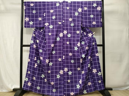 平和屋着物■小紋　格子舞桜文　背抜き仕立て　洗える着物　CABI7813ev