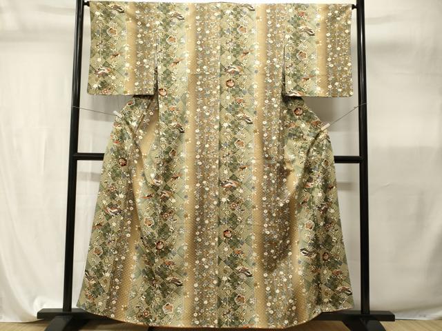 平和屋着物■上質な小紋　扇面飛鶴枝花蝶文　暈し染め　金彩　やまと誂製　正絹　逸品　CABI7840ev