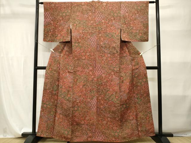 平和屋着物■上質な小紋　切嵌絵皿更紗花文　鬼しぼ縮緬　正絹　逸品　CABI7874ev