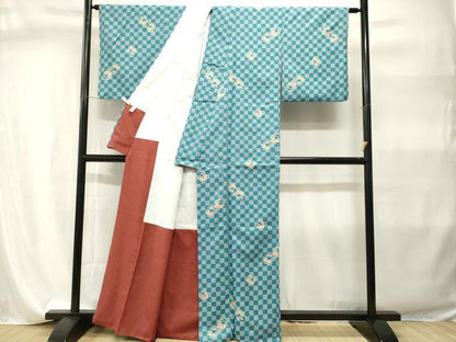 平和屋着物■小紋　市松草花文　洗える着物　CABI7910ev