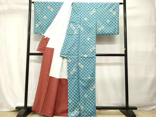 平和屋着物■小紋　市松草花文　洗える着物　CABI7910ev