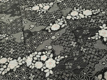 平和屋着物■小紋　辻が花　黒地　洗える着物　CABI7916ev
