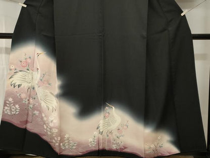 平和屋着物■豪華黒留袖　流水群鶴花文　暈し染め　正絹　逸品　CABI7933ev