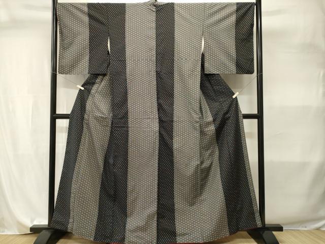 平和屋着物■上質な小紋　紬　麻の葉間道　黒地　正絹　逸品　CABI7950ev