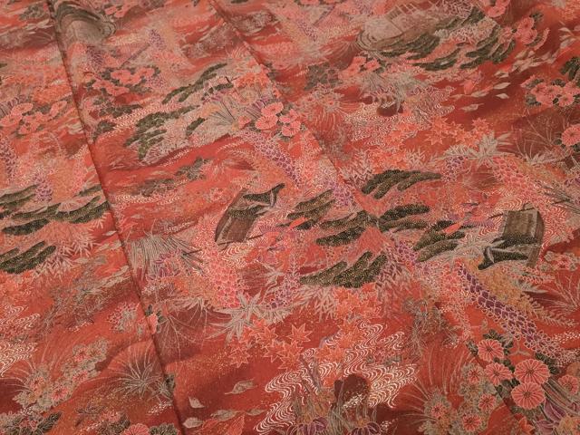 平和屋着物■上質な小紋　流水花鳥文　暈し染め　金銀彩　鬼しぼ縮緬　正絹　逸品　CABI7956ev