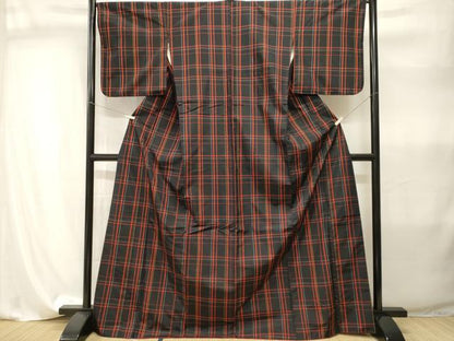 平和屋着物■本場縞大島紬　格子柄　ロング丈　正絹　逸品　CABI8041ev
