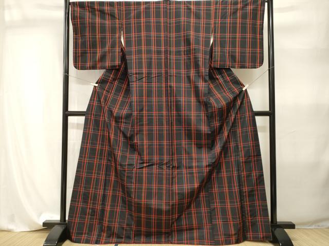 平和屋着物■本場縞大島紬　格子柄　ロング丈　正絹　逸品　CABI8041ev