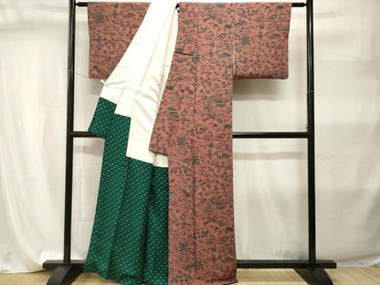 平和屋着物■上質な小紋　型染め　風景文　鬼しぼ縮緬　正絹　逸品　CABI8050ev