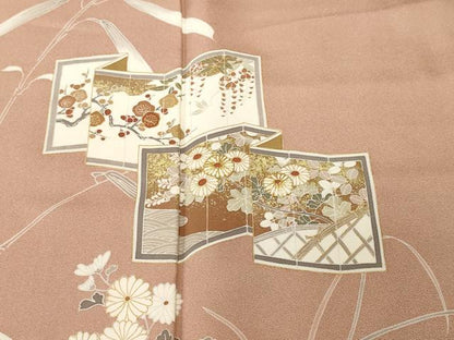 平和屋着物■訪問着　駒刺繍　屏風草花文　金彩　正絹　逸品　CABI8052ev