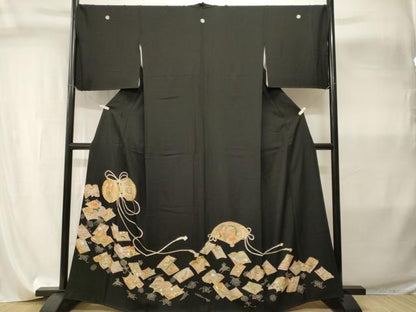 平和屋着物■豪華黒留袖　駒刺繍　鼓檜扇冊子鳳凰花文　金彩　正絹　逸品　CABI8078ev