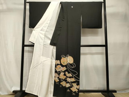 平和屋着物■豪華黒留袖　駒刺繍　鼓檜扇冊子鳳凰花文　金彩　正絹　逸品　CABI8078ev