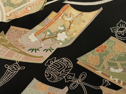 平和屋着物■豪華黒留袖　駒刺繍　鼓檜扇冊子鳳凰花文　金彩　正絹　逸品　CABI8078ev
