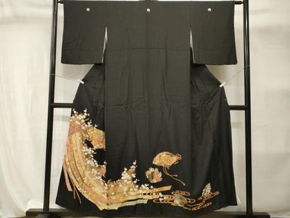 平和屋着物■豪華黒鳶色　几帳檜扇御所車花文　金彩　正絹　逸品　CABI8108ev