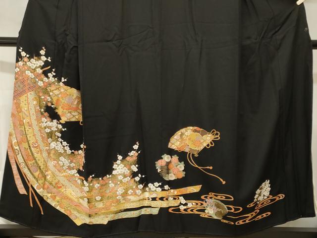 平和屋着物■豪華黒鳶色　几帳檜扇御所車花文　金彩　正絹　逸品　CABI8108ev