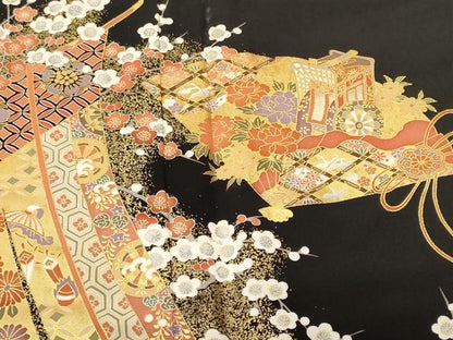 平和屋着物■豪華黒鳶色　几帳檜扇御所車花文　金彩　正絹　逸品　CABI8108ev