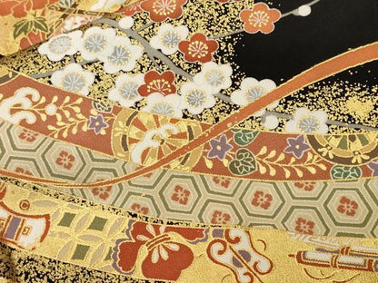 平和屋着物■豪華黒鳶色　几帳檜扇御所車花文　金彩　正絹　逸品　CABI8108ev