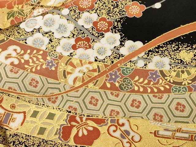 平和屋着物■豪華黒鳶色　几帳檜扇御所車花文　金彩　正絹　逸品　CABI8108ev