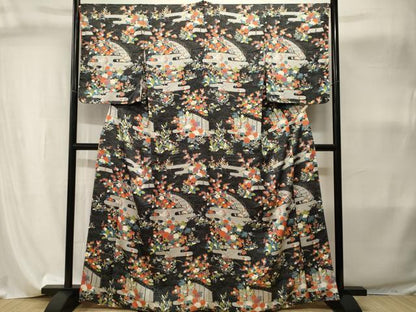 平和屋着物■訪問着　流水エ霞渡り橋花文　黒地　正絹　逸品　CABI8113ev