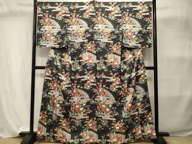 平和屋着物■訪問着　流水エ霞渡り橋花文　黒地　正絹　逸品　CABI8113ev