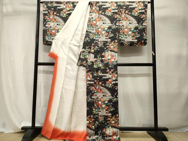 平和屋着物■訪問着　流水エ霞渡り橋花文　黒地　正絹　逸品　CABI8113ev