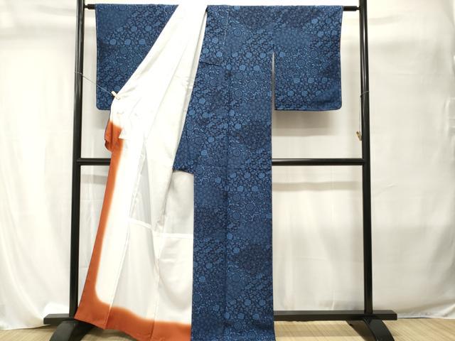 平和屋着物■小紋　藍　型染め　切嵌鳳凰花唐草文　洗える着物　CABI8133ev