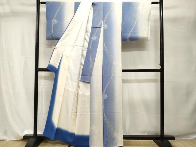 平和屋着物■染色作家　斉藤三才　小紋　よろけ縞舞花文　暈し染め　正絹　逸品　CABI8139ev
