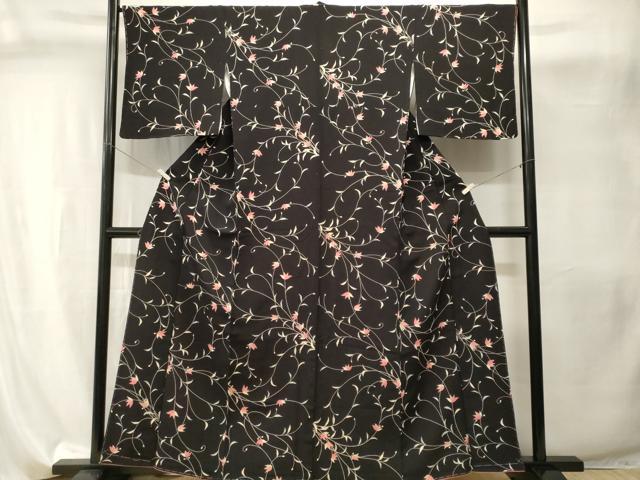 平和屋着物■上質な小紋　枝花文　黒地　正絹　逸品　CABI8169ev
