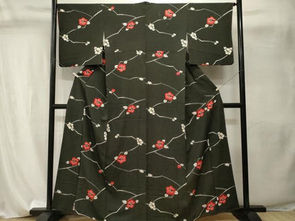 平和屋着物■上質な小紋　枝椿文　黒地　正絹　逸品　CABI8171ev