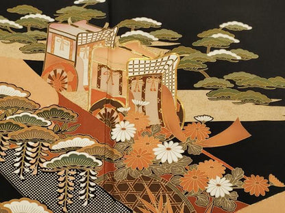 平和屋着物■豪華黒留袖　駒刺繍　御所車やり梅松文　金彩　正絹　逸品　CABI8194ev