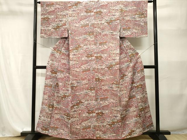 平和屋着物■上質な小紋　松竹梅風景文　暈し染め　金彩　鬼しぼ縮緬　正絹　逸品　CABI8212ev