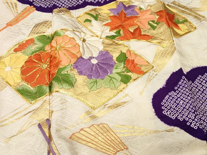 平和屋着物■豪華振袖　駒刺繍　絞り　地紙扇菊文　金彩　正絹　逸品　CABI8218ev