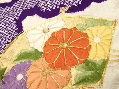 平和屋着物■豪華振袖　駒刺繍　絞り　地紙扇菊文　金彩　正絹　逸品　CABI8218ev