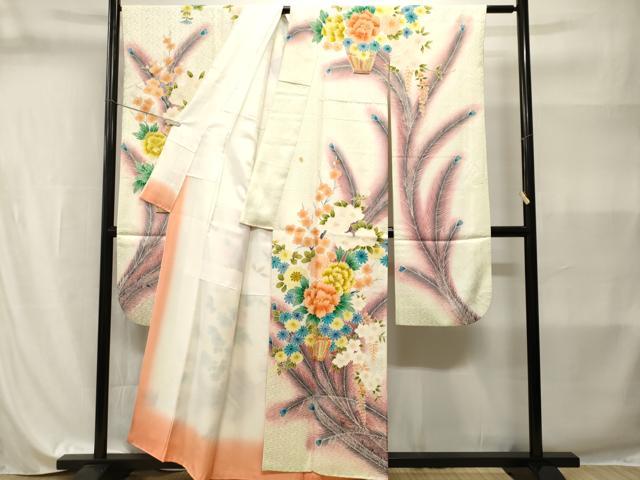 平和屋着物■豪華振袖　駒刺繍　花籠文　孔雀羽　暈し染め　金彩　正絹　逸品　CABI8225ev