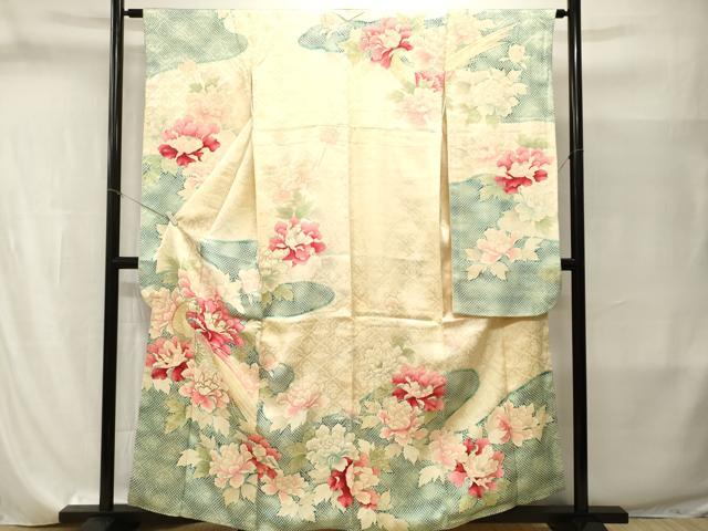 平和屋着物■豪華振袖　駒刺繍　尾長鳥草花文　金彩　正絹　逸品　CABI8245ev