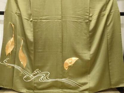 平和屋着物■豪華色留袖　駒刺繍　立波群鶴文　金銀糸　正絹　逸品　CABI8254ev