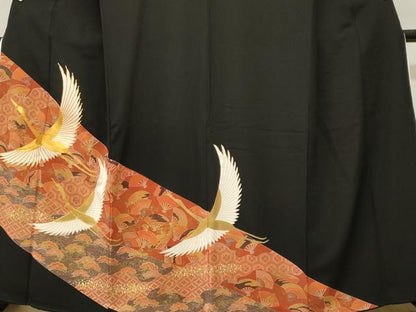 平和屋着物■豪華黒留袖　駒刺繍　扇面吉祥浜松飛鶴文　金彩　正絹　逸品　CABI8265ev