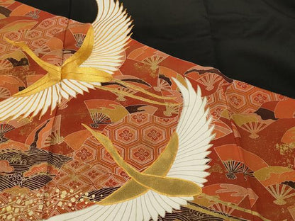 平和屋着物■豪華黒留袖　駒刺繍　扇面吉祥浜松飛鶴文　金彩　正絹　逸品　CABI8265ev