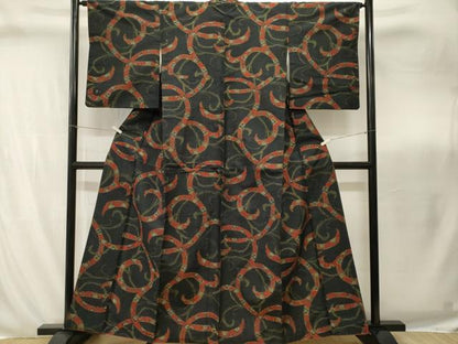 平和屋着物■上質な紬　花唐草文　黒地　正絹　逸品　CABI8273ev