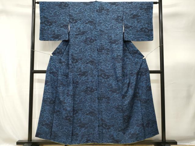 平和屋着物■上質な小紋　藍　型染め　雲取り草花文　正絹　逸品　CABI8284ev