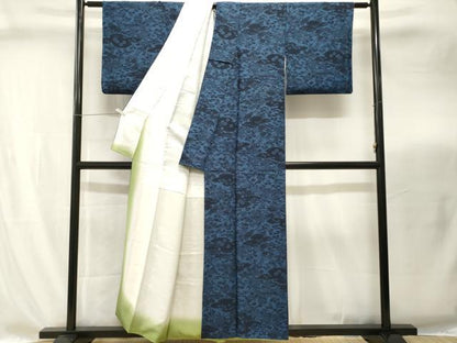 平和屋着物■上質な小紋　藍　型染め　雲取り草花文　正絹　逸品　CABI8284ev