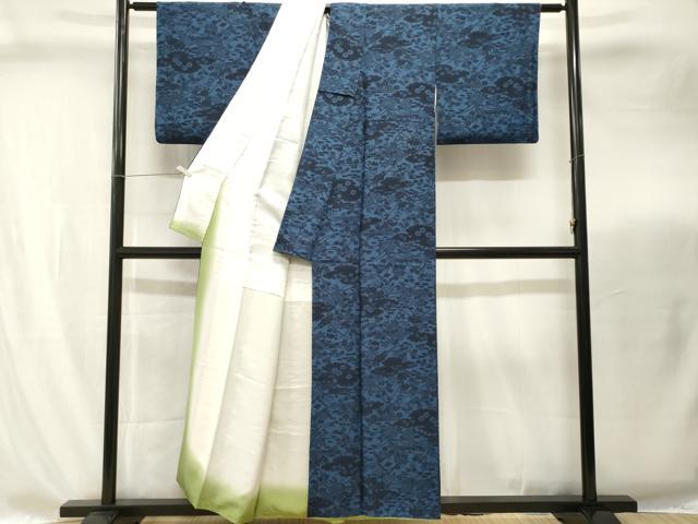 平和屋着物■上質な小紋　藍　型染め　雲取り草花文　正絹　逸品　CABI8284ev
