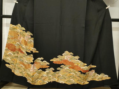 平和屋着物■豪華黒留袖　駒刺繍　御所車松文　正絹　逸品　CABI8326ev