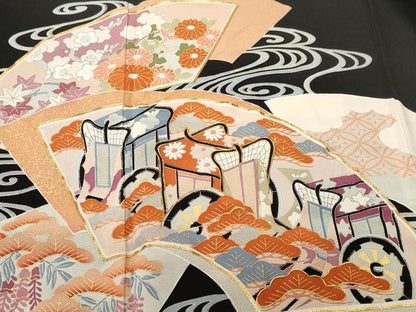 平和屋着物■豪華黒留袖　駒刺繍　流水地紙御所車花文　正絹　逸品　CABI8327ev