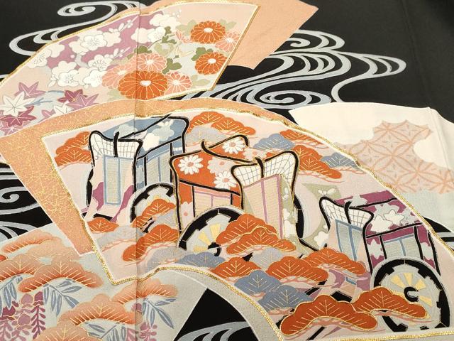 平和屋着物■豪華黒留袖　駒刺繍　流水地紙御所車花文　正絹　逸品　CABI8327ev