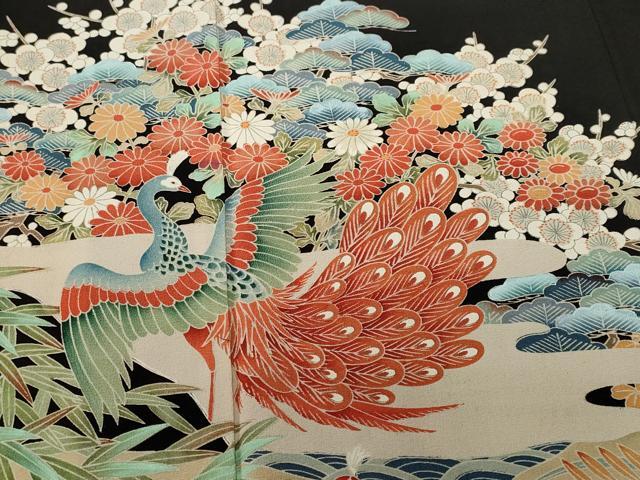 平和屋着物■豪華黒留袖　孔雀立波花文　正絹　逸品　CABI8329ev