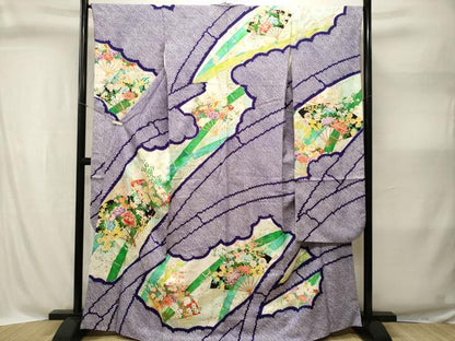 平和屋着物■豪華振袖　駒刺繍　絞り　竹　扇面草花文　金彩　正絹　逸品　CABI8349ev