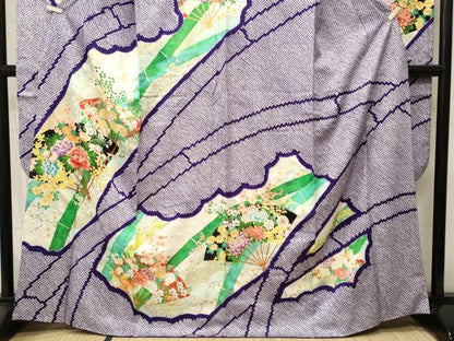 平和屋着物■豪華振袖　駒刺繍　絞り　竹　扇面草花文　金彩　正絹　逸品　CABI8349ev