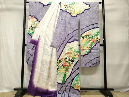 平和屋着物■豪華振袖　駒刺繍　絞り　竹　扇面草花文　金彩　正絹　逸品　CABI8349ev