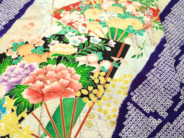 平和屋着物■豪華振袖　駒刺繍　絞り　竹　扇面草花文　金彩　正絹　逸品　CABI8349ev